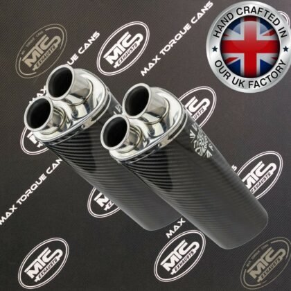Carbon Tri oval Twin outlet motorbike exhausts by Max Torque Cans UK